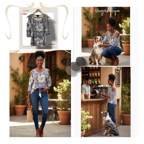 🌿AUW Womens Small Drop Sleeve Multi Print Top with Tassel Ties-So cute! - Picture 10 of 12